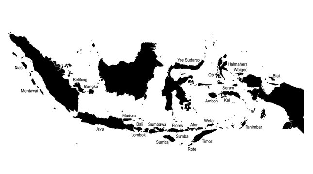 Indonesia map, black vector silhouette isolated on White Background