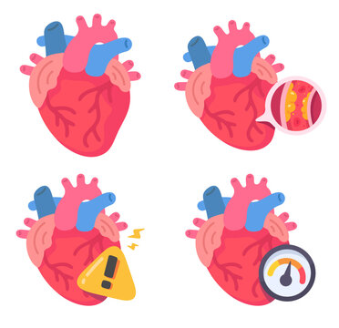 Illustrative representation of human heart conditions health, plaque, pain, and pressure