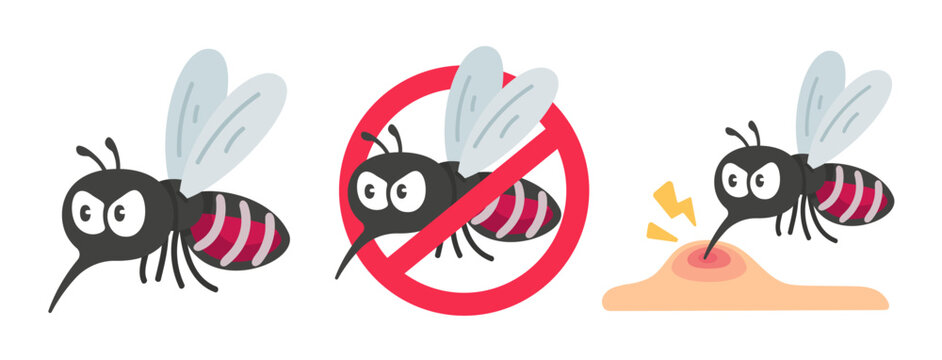 Vibrant cartoon mosquitos illustrating pest control, irritating bites, and full blood fed insects.