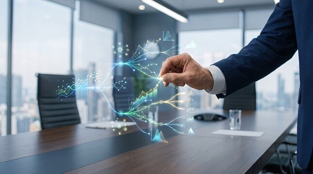 A businessman interacting with a digital interface in a modern boardroom setting, showcasing innovation and technology.