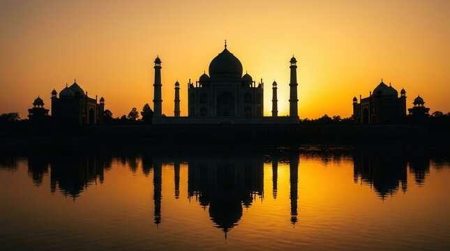 The grand Taj Mahal captured as a silhouette at sunset