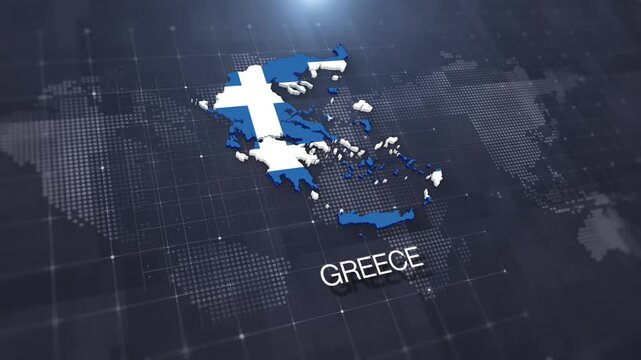Greece map with national flag on digital world map background, geographic border, global political and international news concept