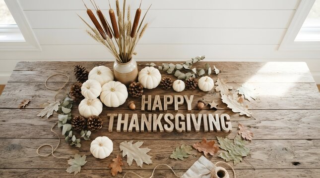 A beautiful rustic wooden table decorated with white pumpkins and autumn foliage featuring a festive happy thanksgiving sign for a cozy seasonal holiday home celebration