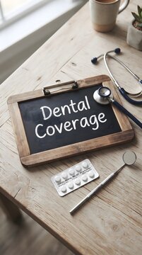 Dental coverage sign on wooden clipboard with stethoscope, dental mirror and pill blister pack on light wood desk