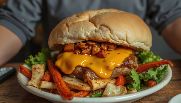Juicy cheeseburger with toppings and sides on a plate, ready to eat