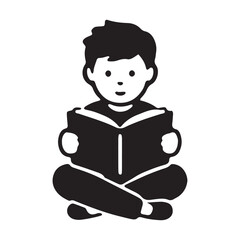 Flat icon of a boy reading a book black silhouette on white background for book lovers application