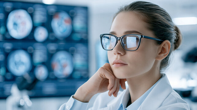 Scientist in a high-tech biotech lab analyzing DNA sequences on a holographic display, futuristic setup