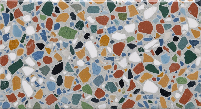 Seamless terrazzo texture featuring multi-colored stone chips such as green, orange, blue, white, and black embedded in light grey cement.