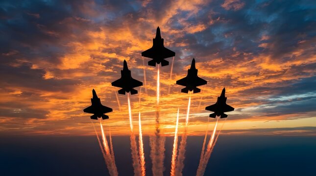 Formation of military fighter jets flying in the sky during a beautiful golden sunset at an airshow