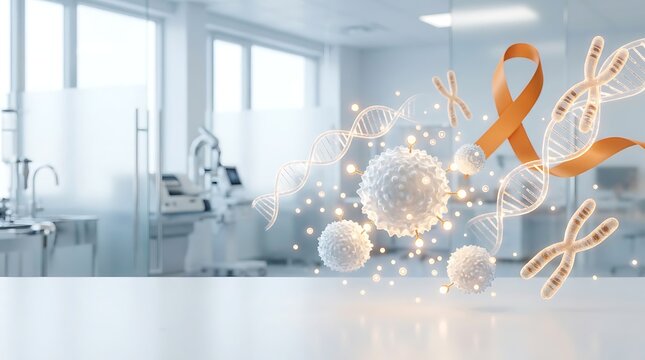 World CML Awareness Day Medical Concept with Orange Ribbon and Cells