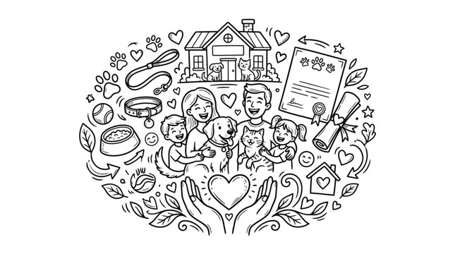 Happy family with adopted pets and home doodle illustration.