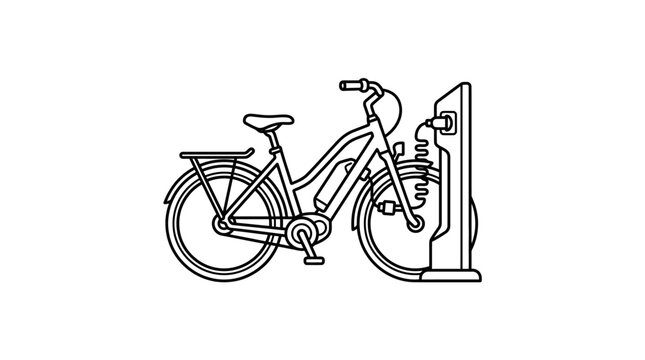 Professional Black and White Line Drawing of a Classic Bicycle Attached to an Indoor Exercise Bike Station