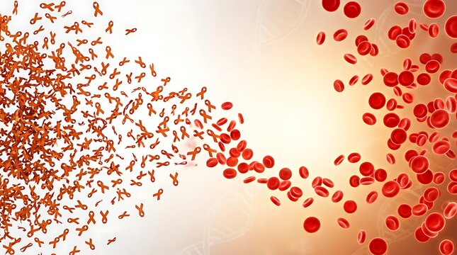 World CML Day concept with orange ribbons and red blood cells