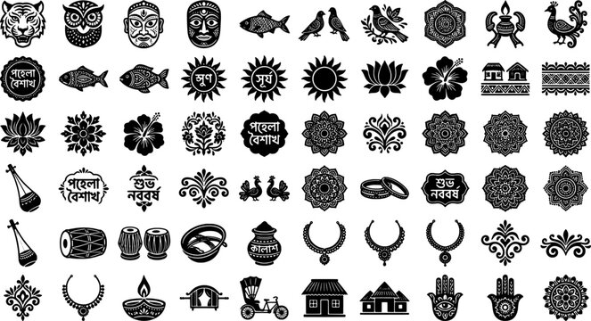 Black and white traditional indian symbols collection