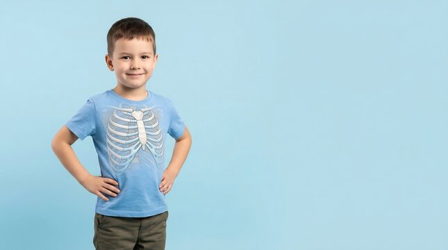 Smiling young boy wearing a light blue t-shirt with a human rib cage graphic on a blue background