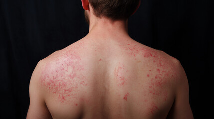 Naklejka premium Close Up of Red Skin Rash Symptoms on Human Back, Measles or Dermatitis Infection, Dermatology Healthcare Concept