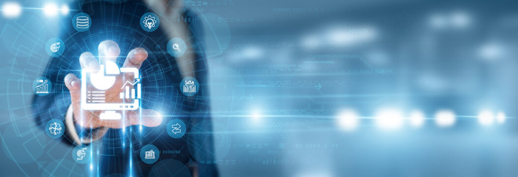 BI Developer hand holding Data Visualization and data networking, complex metrics dashboard creation, information graphic layout, business insights reporting.