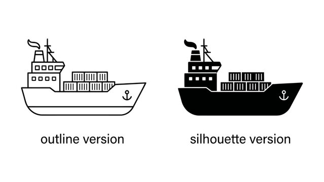 Cargo Ship Icon: A pair of stylized cargo ship icons, one in an outline version and the other as a solid silhouette, depicting a vessel laden with containers, ready for maritime transport.