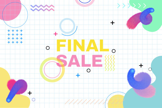 Final sale text with colorful abstract shapes and geometric patterns on white grid background, bright and modern design