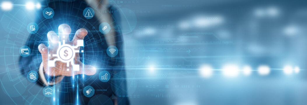 Fintech Innovator hand holding Finance Technology and data networking, decentralized banking solutions, digital transaction processing, secure blockchain payment.