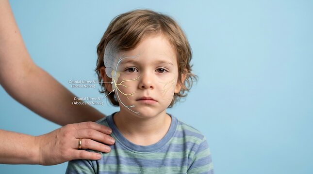 Medical illustration of a young child with a digital overlay showing cranial nerve VII and VI facial nerves for healthcare education