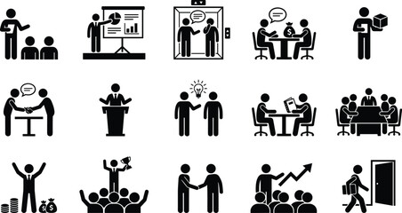 Fototapeta premium Set of business and office people icons, professional communication, presentation, meeting, teamwork, leadership and success