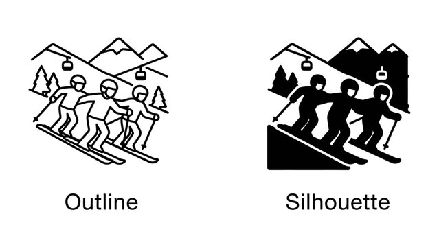 Skiing in the Mountains: A line of skiers, depicted in both outline and silhouette styles, carve down a snowy mountain slope under a clear sky with majestic peaks in the background.
