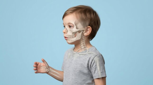 Pediatric medical illustration showing skeletal structure of the head, jaw, and hand in profile view