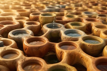 Obraz premium Terracotta vessels filled with water in artistic arrangement
