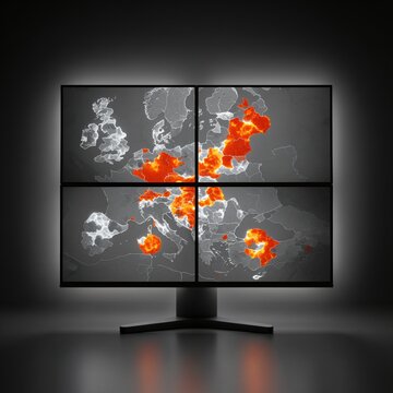 Geographic heat map dashboard on stacked monitor display