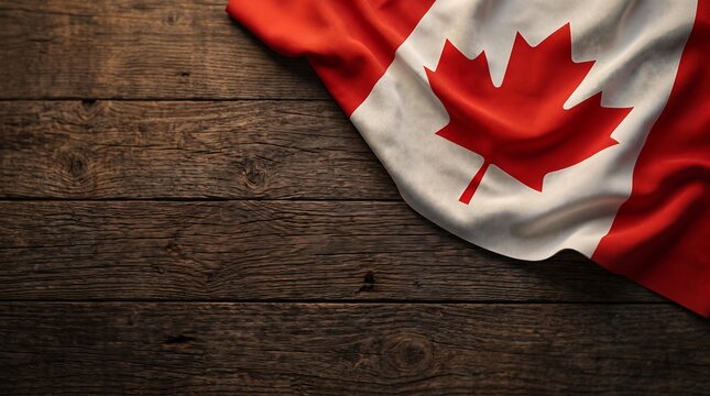 Patriotic Canadian flag draped on dark rustic wooden table top view studio shot with copy space