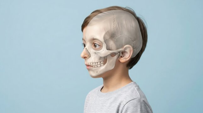 3D Render of a Child's Profile with Transparent Skin Showing Human Skull Anatomy for Medical Education