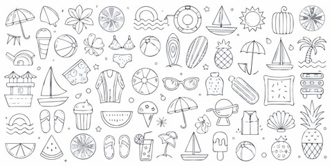Summer And Beach Related Objects Black And White Vector Illustration © Suvro