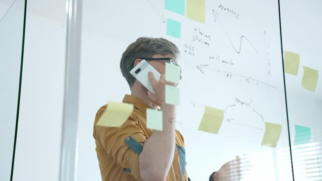 Smiling businessman on a phone call mapping ideas on a glass wall with colorful sticky notes, organizing tasks and brainstorming strategy in a modern office for project planning