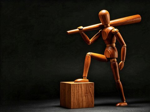 Wooden Mannequin Carrying Burden Climbing Block Symbolizing Strength and Ambition