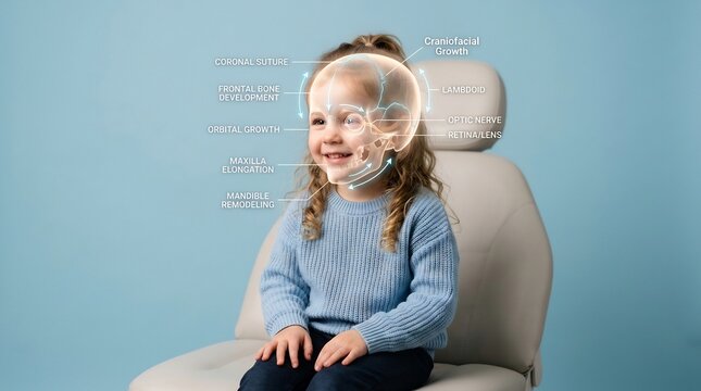 Young child with digital skull anatomy overlay demonstrating craniofacial growth and bone development