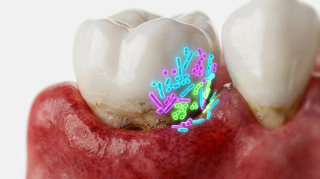 Dental illustration showing gum disease and plaque buildup on teeth.