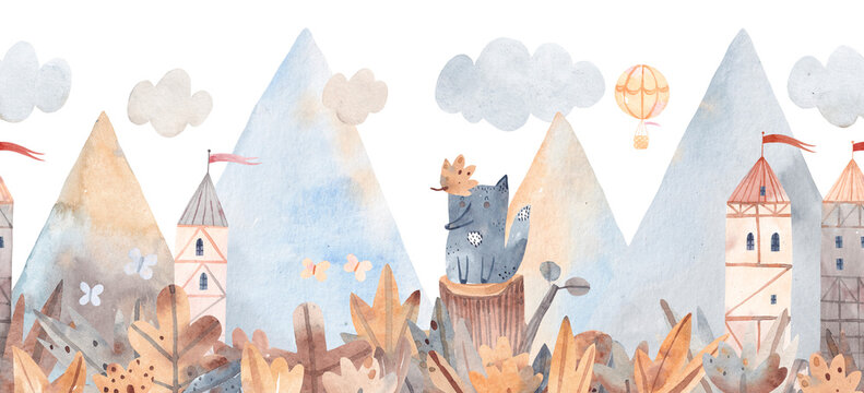 Watercolor illustration. Mountain landscape. Cute castle, cute houses, wolf and butterflies. Horizontal seamless pattern.