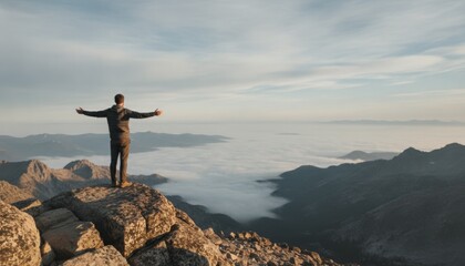 Obraz premium Hiker standing on mountain peak above clouds at sunrise
