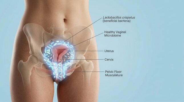 Medical illustration of the female reproductive system showing the uterus, cervix, and vaginal microbiome with beneficial bacteria