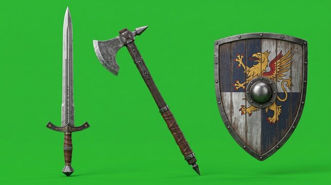 Medieval fantasy weapon collection, sword, axe and shield arranged separately, realistic metal texture, isolated objects, clean bright green screen background