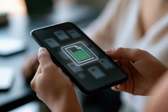 Smartphone displaying document icon with digital interface.