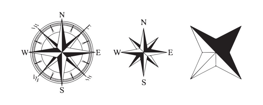 Hand drawn style compass rose collection with detailed navigation stars and abstract geometric map symbols.