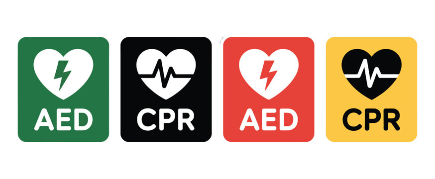 AED Emergency Defibrillator Icons Featuring Automated External Defibrillator, CPR, Cardiac Rescue, Heart Emergency, and Medical Response Vector Symbols