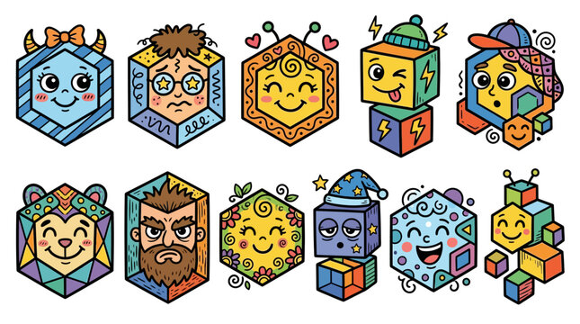 A collection of colorful geometric character icons with various expressions