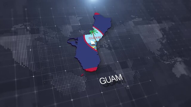 Guam map with national flag on digital world map background, geographic border, global political and international news concept