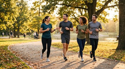 Obraz premium A group of friends jogging together in a beautiful park during autumn, enjoying fitness and nature.