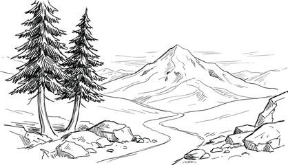 Winding Dirt Road Leadingav to a Rural Village Landscape Line Art Vector Illustration with Countryside Houses Fields and Clouds for Coloring Books © Rafika