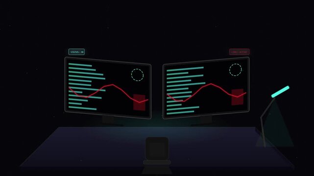 Futuristic Digital Control Interface Displaying Data Analytics on Screens in Dark Room