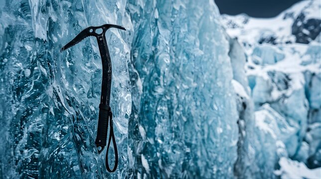 Ice axe embedded in a blue glacier wall for mountaineering adventure
